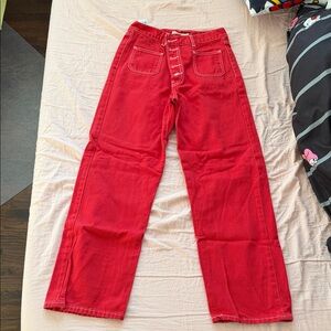 Red High-Waisted Button-Fly Jeans